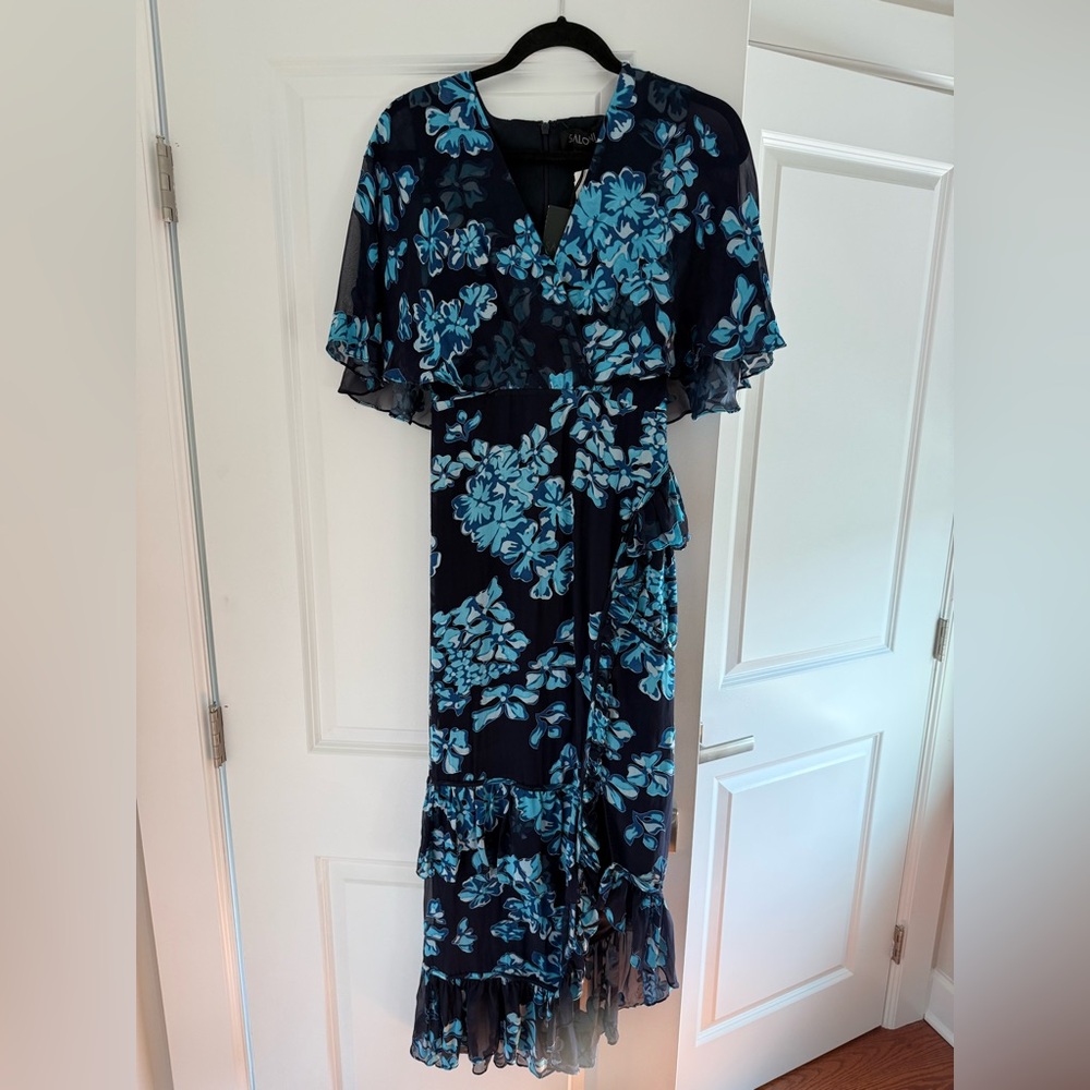 SALONI Silk Floral Burnout Flutter Short Sleeve RuffleTier Faux Wrap Dress sz 2